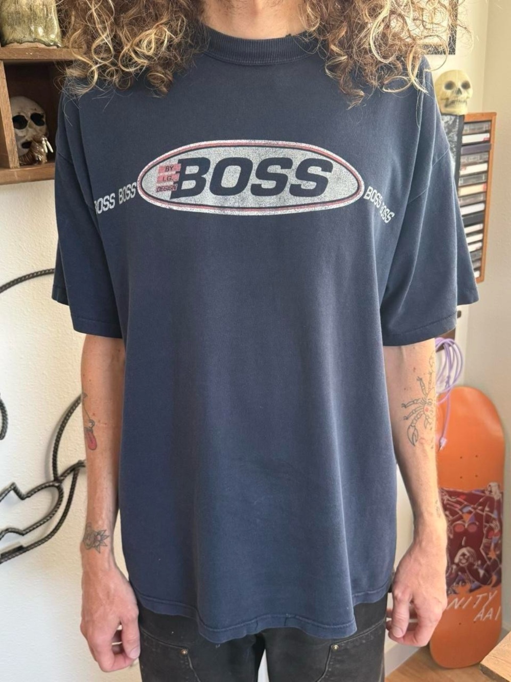 Vintage 90s BOSS Navy Blue Bold Logo Tee Streetwear ~ Size Large